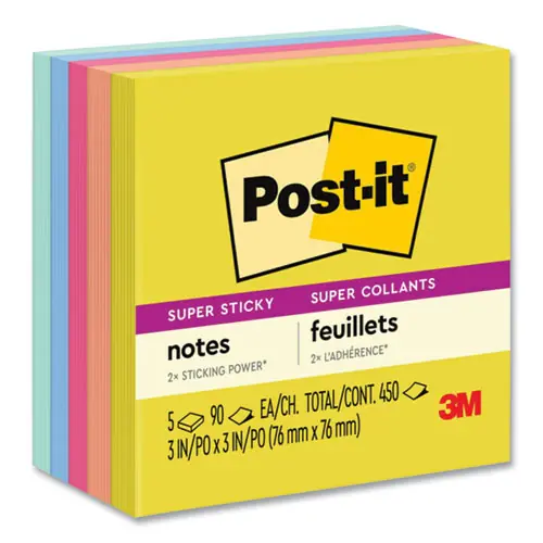 Post-it® Notes Super Sticky, Summer Joy Collection, 3" x 3", 90 Sheets/Pad, 5 Pads/Pack