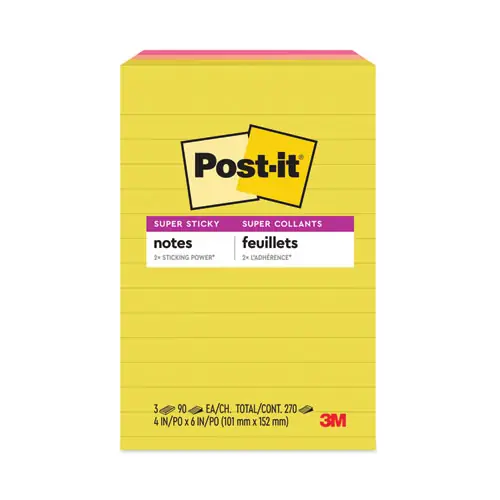 Post-it® Notes Super Sticky Note Pads, Summer Joy Collection, 4" x 6", Ruled, 90 Sheets per Pad, 3-Pack