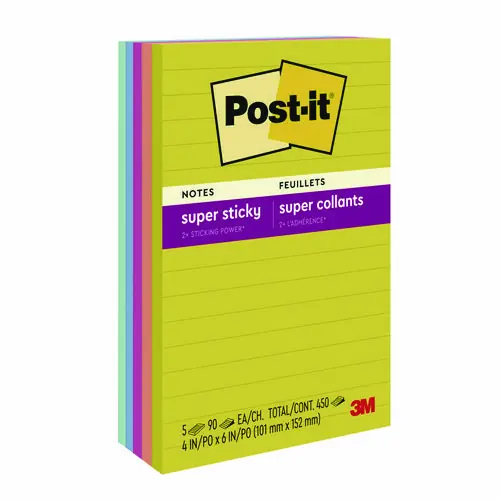 Post-it® Notes Super Sticky, Summer Joy Collection, 4" x 6", Ruled, 5 Pads/Pack, 90 Sheets/Pad
