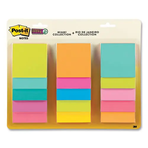 Post-it® Notes Super Sticky Pad Collection Assortment Pack, Energy Boost and Supernova Neon Color Collections, 3" x 3", 15 Pads/Pack