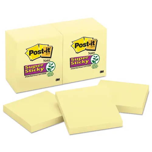 Post-it® Notes Super Sticky Pads, Canary Yellow, 3" x 3", 90 Sheets per Pad, 12 Pads per Pack