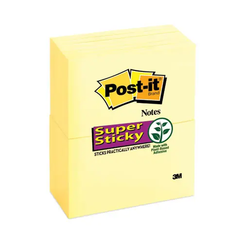 Post-it® Notes Super Sticky Pads, Canary Yellow, 3" x 5", 90 Sheets per Pad, 12 Pads per Pack