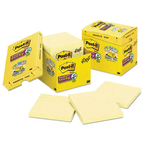 Post-it® Notes Super Sticky Pads, Canary Yellow, 4" x 4", Note Ruled, 90 Sheets/Pad, 12 Pads/Pack