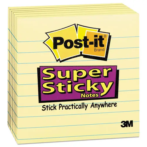 Post-it® Notes Super Sticky Pads, Canary Yellow, Note Ruled, 4" x 4", 90 Sheets/Pad, 6 Pads/Pack