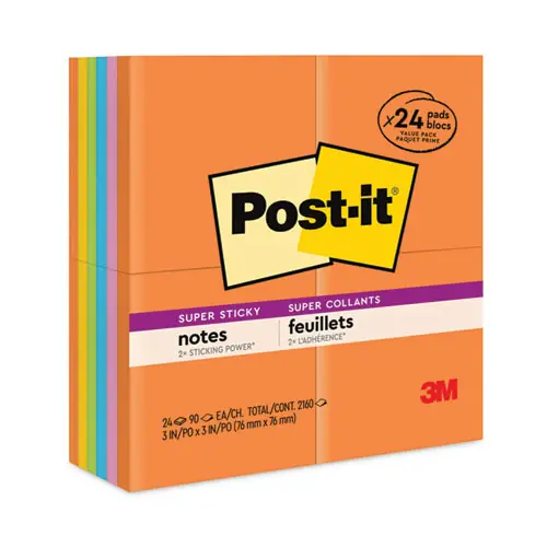 Post-it® Notes Super Sticky Pads, Energy Boost Collection, 3" x 3", 90 Sheets/Pad, 24 Pads/Pack