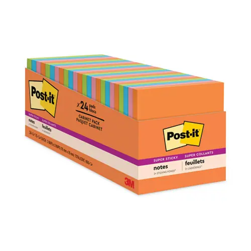 Post-it® Notes Super Sticky Pads, Energy Boost Collection, 3" x 3", 70 Sheets per Pad, 24 Pads