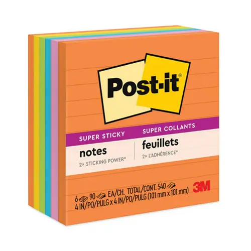 Post-it® Notes Super Sticky Pads, Energy Boost Collection, 4" x 4", Ruled, 90 Sheets/Pad, 6 Pads/Pack