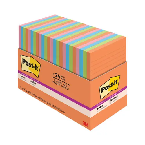 Post-it® Notes Super Sticky Pads, Energy Boost Collection, Note Ruled, 4" x 6", 45 Sheets per Pad, 24 Pads per Pack