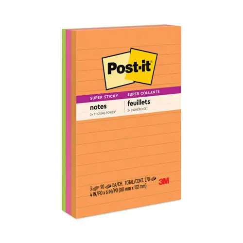 Post-it® Notes Super Sticky Pads, Energy Boost Collection, Note Ruled, 4" x 6", 90 Sheets/Pad, 3 Pads/Pack