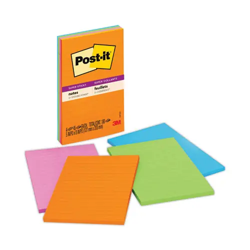Post-it® Notes Super Sticky Pads, Energy Boost Collection, Ruled, 5" x 8", 4 Pads/Pack