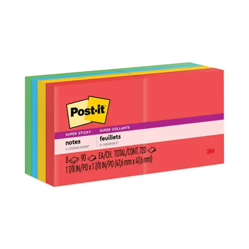 Post-it® Notes Super Sticky Pads, Playful Primary Collection, 2" x 2", 90 Sheets per Pad, 8 Pack