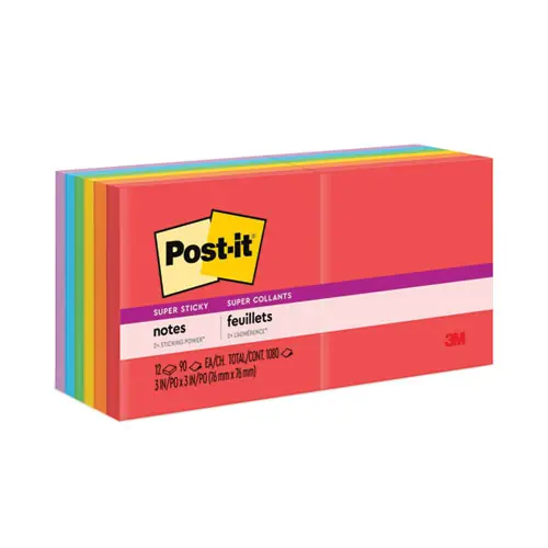 Post-it® Notes Super Sticky Pads, Playful Primary Colors, 3" x 3", 90 Sheets per Pad, 12 Pads