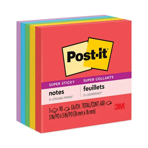 Post-it® Notes Super Sticky Pads, Playful Primary Colors, 3" x 3", 90 Sheets per Pad, 5 Pads per Pack