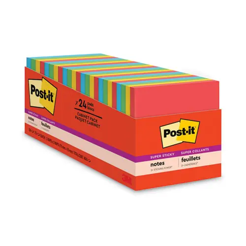 Post-it® Notes Super Sticky Pads, Playful Primary Collection, 3" x 3", 70 Sheets/Pad, 24 Pads/Pack