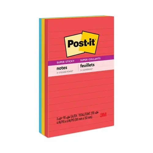 Post-it® Notes Super Sticky Pads, Playful Primary Collection, Note Ruled, 4" x 6", 90 Sheets per Pad, 3-Pack