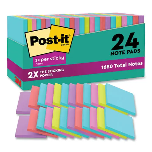 Post-it® Notes Super Sticky Pads, Supernova Neon Collection, 3" x 3", 70 Sheets/Pad, 24 Pads/Pack