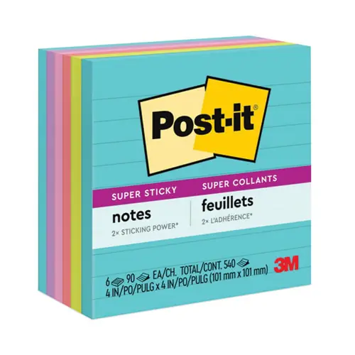 Post-it® Notes Super Sticky Pads, Supernova Neon Collection, Note Ruled, 4" x 4", 90 Sheets per Pad, 6 Pads per Pack