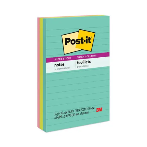 Post-it® Notes Super Sticky Pads in Supernova Neon Collection Colors, 4" x 6", Ruled, 3 Pads/Pack
