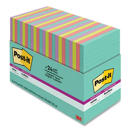 Post-it® Notes Super Sticky Pads, Supernova Neons Collection, Note Ruled, 4" x 6", 90 Sheets/Pad, 24 Pads