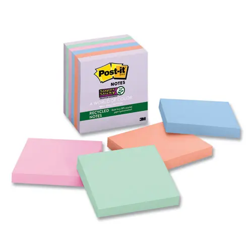 Post-it® Notes Super Sticky Recycled Recycled Notes, Wanderlust Pastels Collection, 3" x 3", 6 Pads, 65 Sheets/Pad