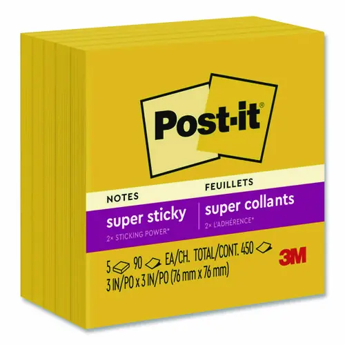 Post-it® Notes Super Sticky Pads, Playful Primary Colors, 3" x 3", Sunnyside, 90 Sheets/Pad, 5 Pads/Pack