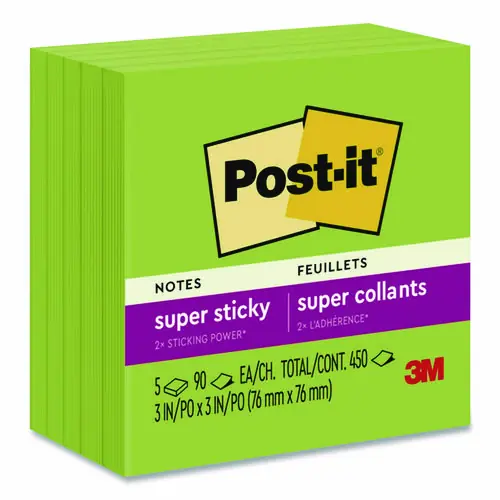 Post-it® Notes Super Sticky Pads, Energy Boost Collection, 3" x 3", Limeade, 90 Sheets/Pad, 5 Pads/Pack
