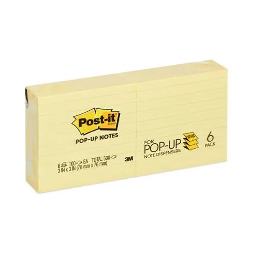 Post-it® Pop-up Notes Original Canary Yellow Pop-up Refill, Note Ruled, 3" x 3", Canary Yellow, 100 Sheets/Pad, 6 Pads/Pack