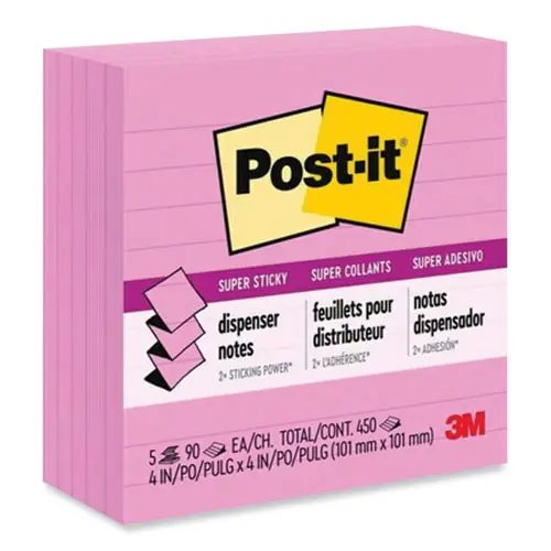 Post-it® Pop-up Notes Super Sticky Pop-up Notes Refill, Note Ruled, 4" x 4", Neon Pink, 90 Sheets/Pad, 5 Pads/Pack
