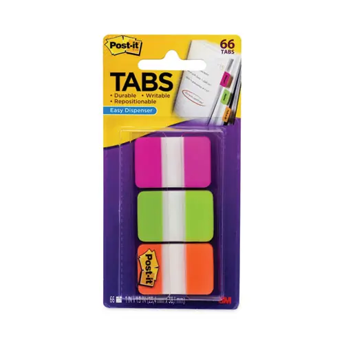 Post-it® Tabs 1" Plain Solid Color, 1/5-Cut, Assorted Bright Colors, 66/Pack