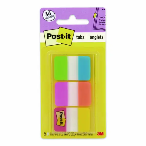 Post-it® Tabs 1" Plain Solid Color, 1/5-Cut, Assorted Colors, 36 Tabs/Pack