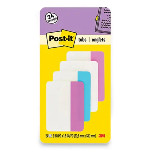 Post-it® Tabs Solid Color Tabs, 1/5-Cut, Assorted Pastel Colors, 2" Wide, 24/Pack