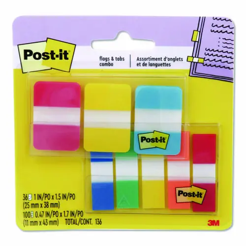 Post-it® Tabs Tabs and Flags Combo Pack, 100 0.47" Flags, 36 1" Tabs, Assorted Colors