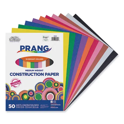 Prang® SunWorks Construction Paper, Assorted Colors, 9 x 12, 50 Sheets, 50 lb Text Weight