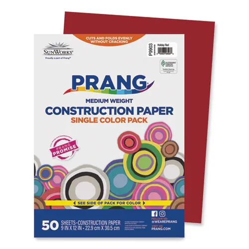 Prang® SunWorks Construction Paper, Holiday Red, 9 x 12, 50 Sheets, 50 lb Text Weight
