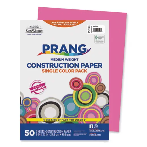 Prang® SunWorks Construction Paper, Hot Pink, 9 x 12, 50 Sheets, 50 lb Text Weight