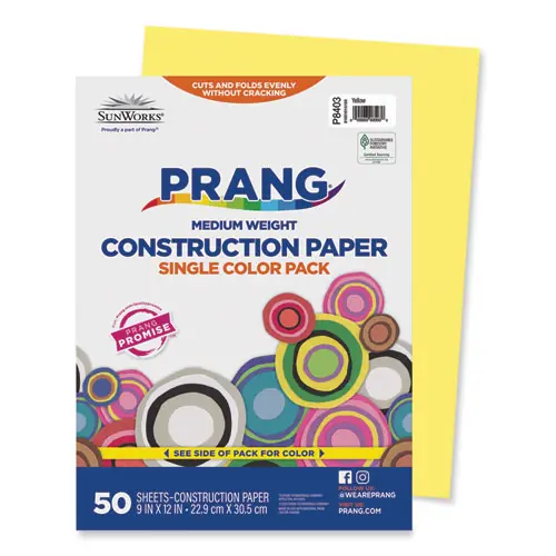 Prang® SunWorks Construction Paper, Yellow, 9 x 12, 50 Sheets, 50 lb Text Weight