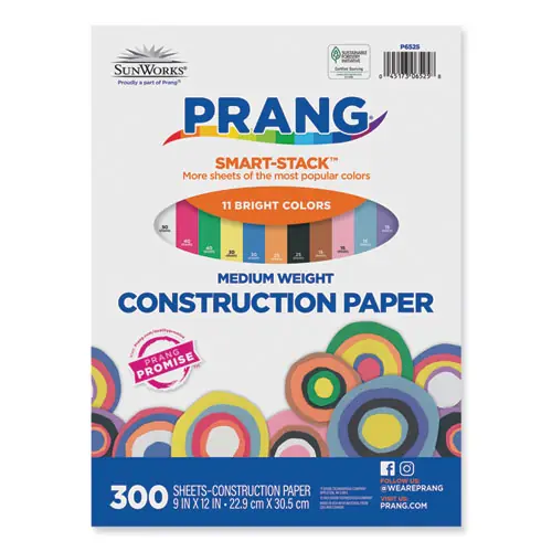 Prang® SunWorks Construction Paper Smart-Stack, Assorted Colors, 300 Sheets, 9 x 12, 50 lb Text Weight