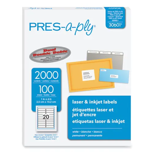 PRES-a-ply® Labels, Laser Printers, 1 x 4, White, 20/Sheet, 100 Sheets/Box