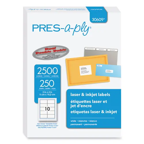 PRES-a-ply® Labels, Laser Printers, 2" x 4", White, 2500 Labels