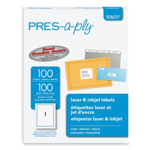 PRES-a-ply® Labels, Laser Printers, 8.5 x 11, White, 100/Box