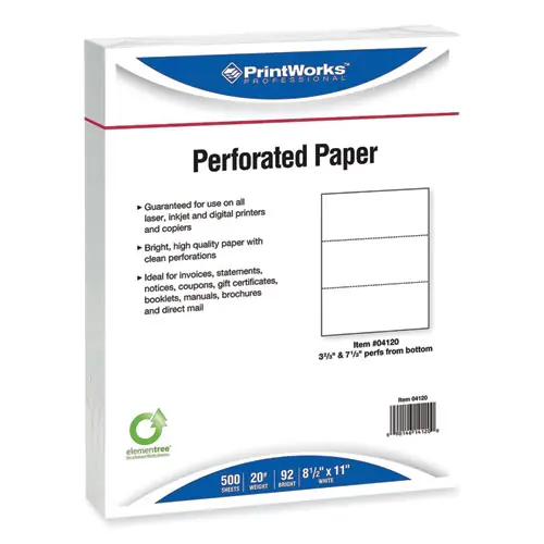 PrintWorks® Professional Perforated and Punched Paper, 20 lb Bond Weight, 8.5 x 11, White, 500/Ream, 5 Reams/Carton