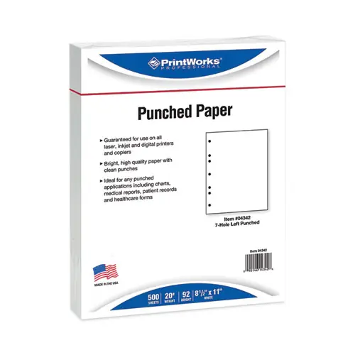PrintWorks® Professional Perforated and Punched Paper, 7-Hole Punched, 20 lb Bond, 8.5 x 11, White, 500 Sheets/Ream