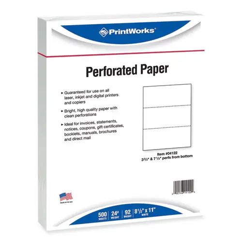 PrintWorks® Professional Perforated and Punched Paper, 92 Bright, 24 lb Bond, 8.5 x 11, White, 500 Sheets/Ream, 5 Reams/Carton