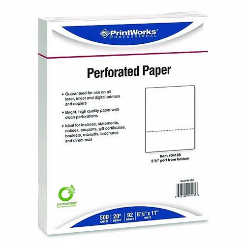 PrintWorks® Professional Perforated Paper, 92 Bright, Perforated 3.5" from Bottom, 8.5 x 11, White, 500 Sheets/Ream, 5 Reams/Carton