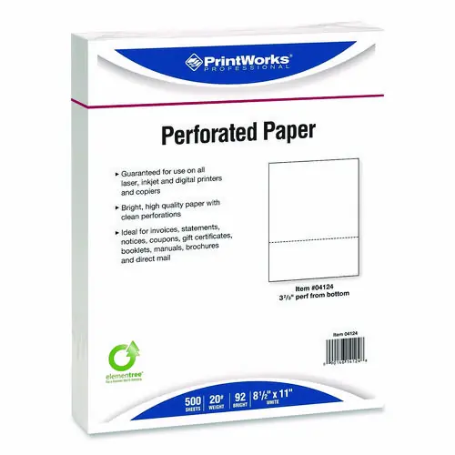 PrintWorks® Professional Perforated Paper, 92 Bright, 8.5 x 11, White, 500 Sheets per Ream, 5 Reams per Carton