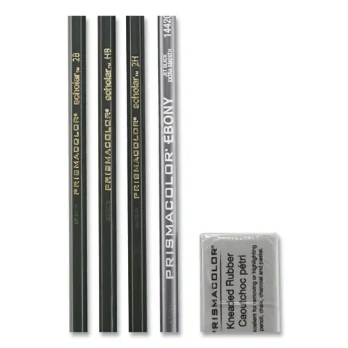 Prismacolor® Scholar Graphite Pencil Set, Assorted Hardness, Black Lead, Dark Green Barrel, 4 Pencils + Kneaded Eraser