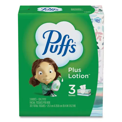 Puffs® Plus Lotion Facial Tissue, 2-Ply, White, 124 Sheets per Box, 3 Boxes per Pack