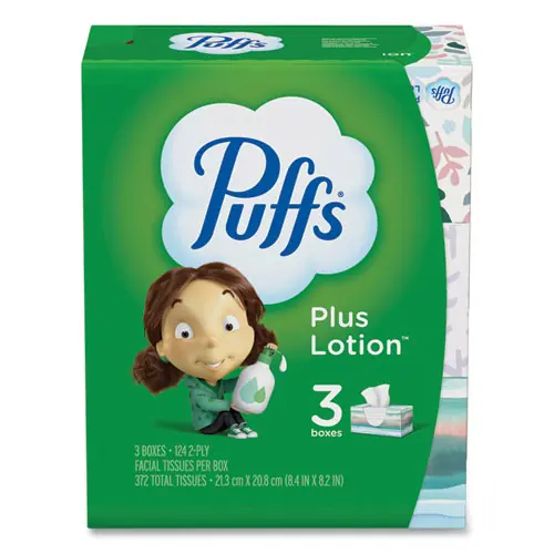 Puffs® Plus Lotion Facial Tissue, 2-Ply, White, 124 Sheets per Box, 3 Boxes per Pack, 8 Packs per Carton