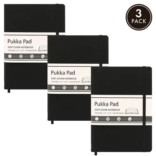 PUKKA PAD® Soft Cover Notebook, College Rule, Black Cover, 3/Pack