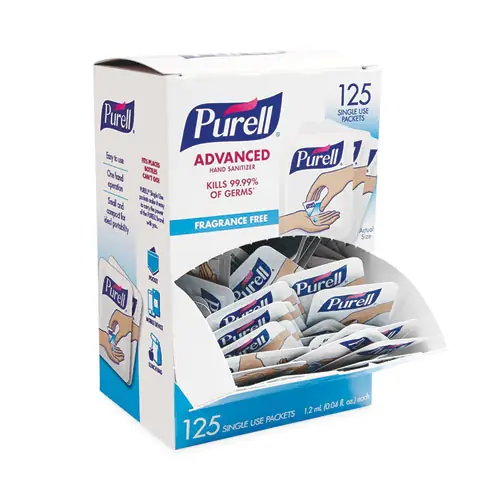 PURELL® Advanced Hand Sanitizer Single Use Packets, 1.2 mL, Fragrance-Free, 125/Box, 12 Box/Carton